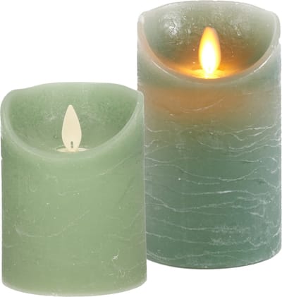 LED kaarsen/stompkaarsen - set 2x - jade groen - H10 en H12,5 cm - bewegende vlam