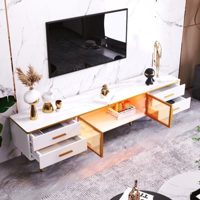 Modern TV-Lowboard 170x37x47,5 cm – Marmerlook met 4 Lades, 2 Bruine Glazen Deuren & Gouden Handgrepen – TV-Meubel voor Woonkamer