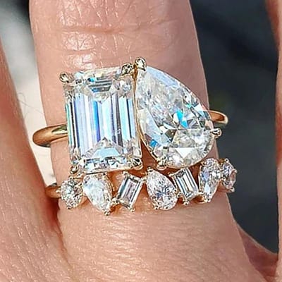 Huitan Tendance Poire Carré Zircone Cubique Cristal Bagues pour Femmes Ensemble 2 Pièces Couleur Or Mariage Fiançailles Accessoires Bijoux 10