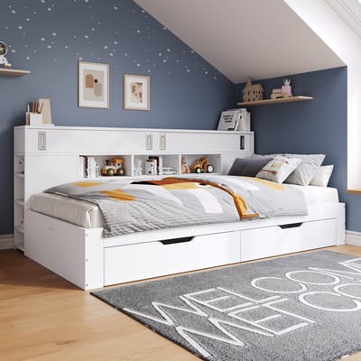 Slaapbank - kinderbed - 90x200 cm - eenpersoonsbed met lades - boekenplanken en opbergkasten - zonder matras - wit