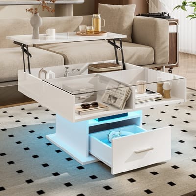 DESMIU Salontafel - Hoogglans Liftmodel Met Ledverlichting En Opbergruimte - Voor Woonkamer En Kleine Ruimtes - Spaanplaat - Wit - 78x78 Cm