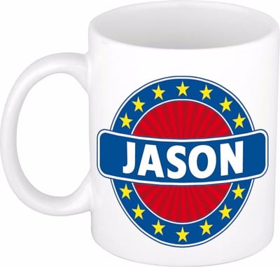 Bellatio Decorations - Jason voornaam - koffiemok - beker - wit/blauw - 300 ml - Cadeau - Heren - Collega - Vaderdag - Verjaardag