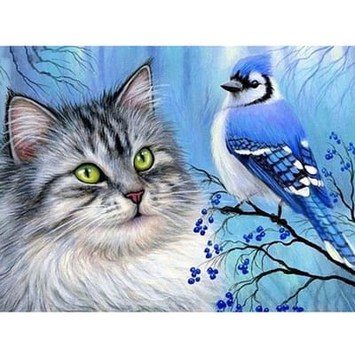 Peinture diamant 5D à faire soi-même - Paysage complet de chat et d'oiseau - Broderie au point de croix 20X30CM gray