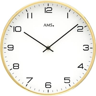 AMS W9657 - Wandklok - Analoog - Rond - Metaal - Mineraal Glas - Goudkleurig - Wit - Zwart - 30 cm ø