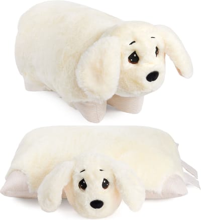 BRUBAKER Knuffelkussen Hond - 2 in 1 Pluche Knuffel en Knuffelkussen - 40 x 30 cm Knuffelkussen Hond - Opvouwbaar Pluche Kinderkussen met Klittenbandsluiting - Kussen Hond Knuffeldier - Wit