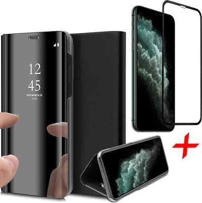 Hoesje geschikt voor iPhone 11 pro - spiegel book case cover zwart + Screenprotector glas tempered glass screen protector full screen