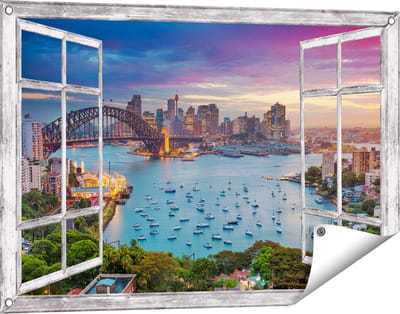 Gards Tuinposter Doorkijk Sydney Harbour Bridge in de Avond - 90x60 cm - Tuindoek - Tuindecoratie - Wanddecoratie buiten - Tuinschilderij