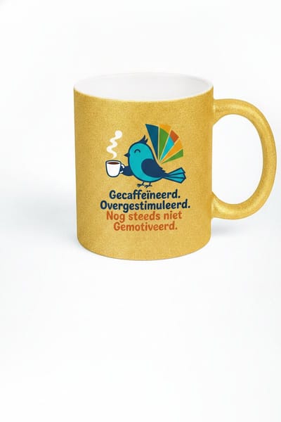 Grappige Koffiemok met Tekst 'Gecaffeïneerd, Overgestimuleerd, Nog Steeds Niet Gemotiveerd' – Retro Vogel met Waaierstaart – Glitter Mok Goud – Cadeau Collega – Keramiek 330 ml