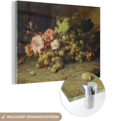 MuchoWow® Glasschilderij 120x90 cm - Schilderij acrylglas - Fruit - Stilleven met druiven - Oude meesters - Foto op glas - Schilderijen