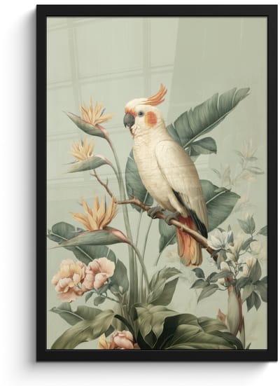 Poster in lijst - Fotolijst 40x60 cm - Posters - Gele kuifkaketoe - paradijsvogelbloemen - Groen - Posterlijst zwart - Decoratie - Wanddecoratie woonkamer - Muurdecoratie slaapkamer