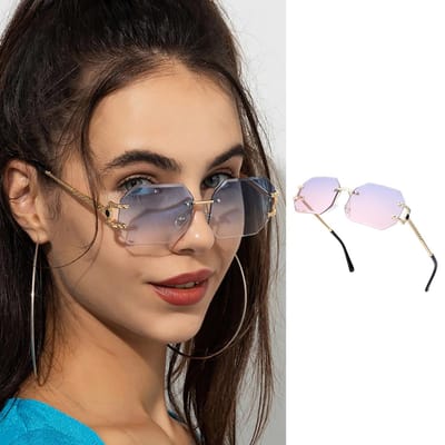 Trendy Bril voor Dames Heren - Achthoekig Randloos Zonnebril Zwarte Tint Polygoon Gekleurde Bril Voor Mannen En Vrouwen beige