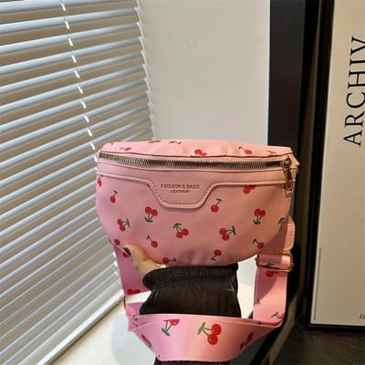 1 stuks Dames Crossbody Tas Lichtgewicht, Veelzijdig En Modieus Kersenprint Heuptas Met Ritsluiting En Verstelbare Riem black