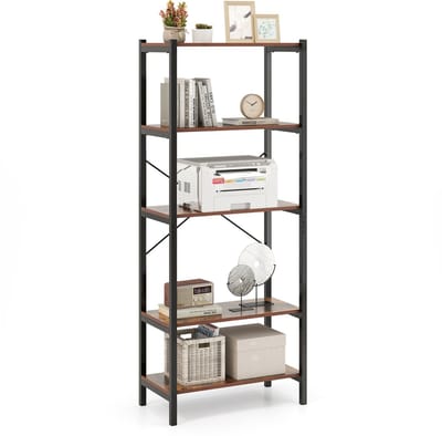 COSTWAY Boekenkast, 5 niveaus, industrieel rek van hout met metalen frame, vrijstaand, opbergrek voor woonkamer en slaapkamer, kantoor, 66 x 34 x 161 cm