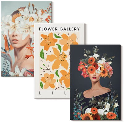 Wallfluent Set van canvas schilderijen - Bloemenportretten met kleurrijke boeketten en bladeren Canvas Schilderijen Set - set 3 stuks 20x30 cm - Oranje Set van Canvas Prints - Natuur Canvas Kunst Set - Boheemse Canvas Kunst Set