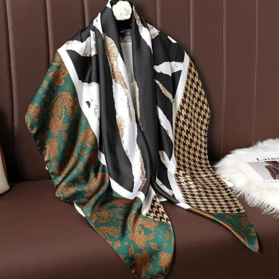 110cm Grote Sjaal Zijden Vierkante Sjaal Voor Vrouwen Luxe Print Hijab Bandana Moslim Hoofdband Wikkel Strand Sjaals Foulard Echarpe black