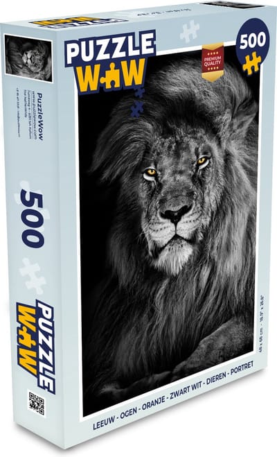 Puzzel Leeuw - Ogen - Oranje - Zwart wit - Dieren - Portret - Legpuzzel - Puzzel 500 stukjes