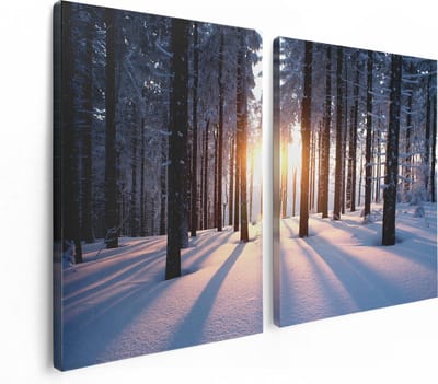 Artaza Canvas Schilderij Tweeluik Bos Met Sneeuw Tijdens De Zonsondergang - 120x80 - Foto Op Canvas - Canvas Print