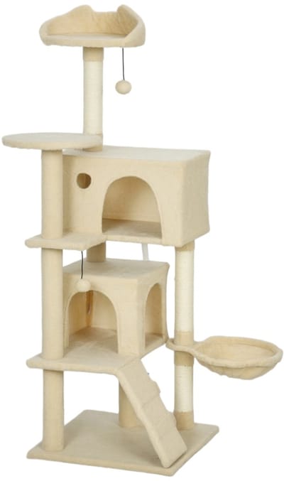 Kratzbaum - 140 cm - Katzenturm mit Hängematte, Leiter, Höhle, 2 Plüschballen - Sisalstämme - Beige