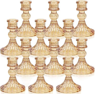 Set van 12 Gouden Glazen Kandelaars voor Dunne Kaarsen - Decoratie voor Feest en Woonkamer