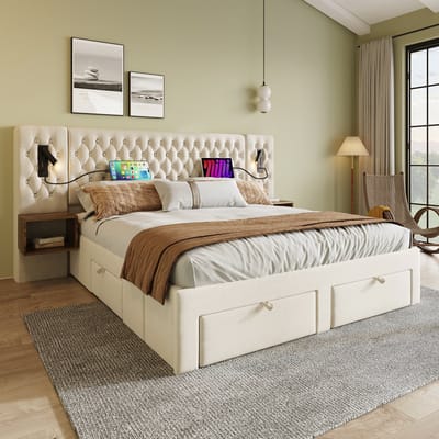 Slaapkamer Bedset 160x200 cm - Fluweel Tweepersoonsbed Met Leeslamp & USB Oplaad - 2 Nachkastjes & 4 Laden Beige (Zonder Matras)