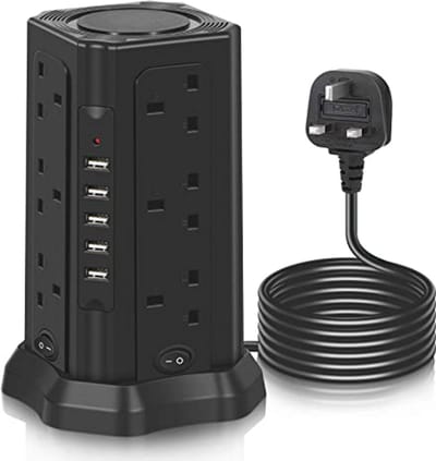 GLCON Tower verlengkabel met USB-sleuven, 12 weg, 13 A, 3250 W, Surge Beschermde Power Strip met 4 schakelaars, 3 m, verlengkabel voor computer, tv, switch, tablets, telefoon (zwart)