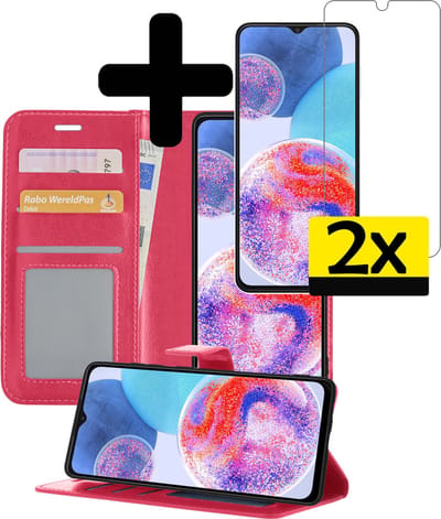Hoesje - Met 2x Screenprotector - Geschikt voor Samsung Galaxy A23 - Luxe Pasjeshouder - Bookcase Portemonee - Flip Case - Kunstleer Book Case - Flipcase Hoes - Book Cover - Walletcase - Portemonneehoes - Telefoonhoesjes - Donkerroze
