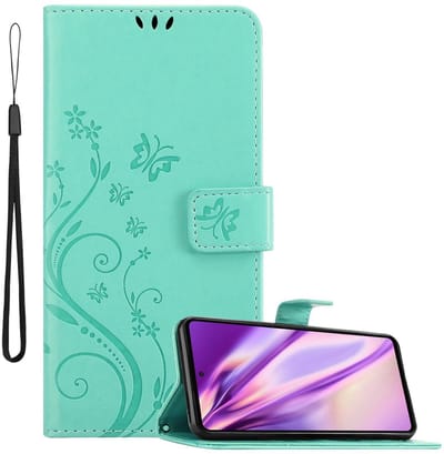 Cadorabo Hoesje geschikt voor Samsung Galaxy A72 4G / 5G in BLOEMEN TURKOOIS - Beschermhoes in bloemmotief met magnetische sluiting, standfunctie en kaartsleuven Book Case Cover Etui