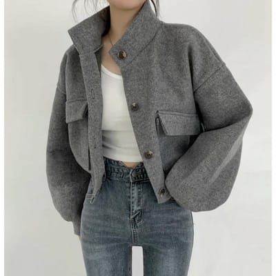 Herfst en Winter Nieuwe Opstaande Kraag Niche Kort Lui Stijl Losse Casual Wol Wollen Jas voor Dames L gray