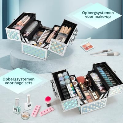 CLVP® Visagie Koffer - Cosmetica Koffer - Kapperskoffer - Make-up Koffer met Verstelbare Vakken –Zilver met groen