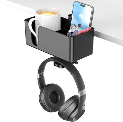 4-in-1 Bureau Organizer met Onder Desk Hooftelefoonhaak, Draaiende Hooftelefoonhanger en Afneembare Opbergruimte voor Beker, Telefoon en Pen - Ideaal voor Thuiswerk en Kantoor