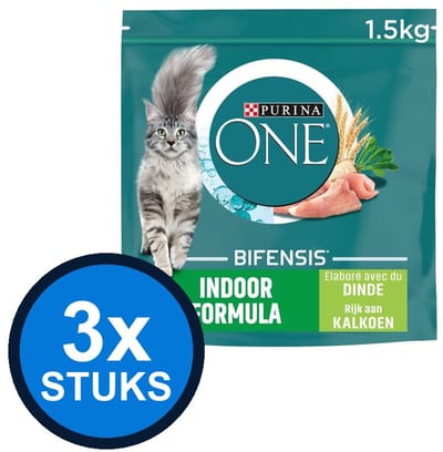 3x Purina One - Adult Indoor Kalkoen - Kattenvoer Droogvoer - 1.5 kg