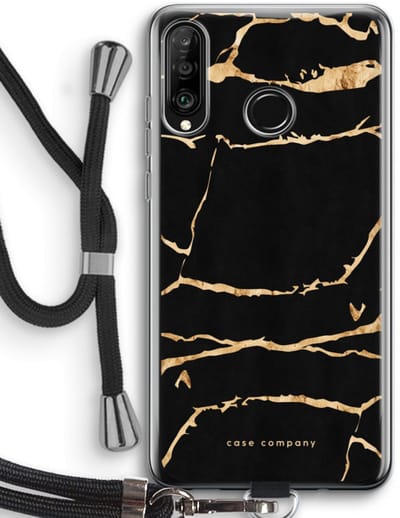 Case Company® - Hoesje met koord geschikt voor Huawei P30 Lite hoesje met Koord - Gouden marmer - Telefoonhoesje met Zwart Koord - Bescherming aan alle Kanten en Over de Schermrand