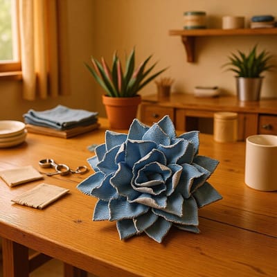 Broche-Boheemse denim rozenbroche 15 cm | Grote reversspeld en camelia haarclip voor dames en meisjes | Multifunctionele corsagebroche van denim materiaal-Denim met puntige randen (Lichtblauw)