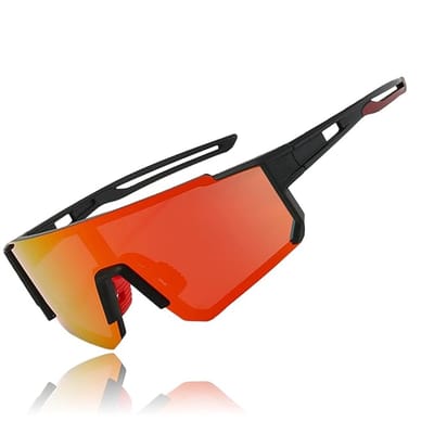 Unisex sportzonnebril, gepolariseerde zonnebril, fietsbril, hardloopbril, Geschikt voor mountainbiken, wielrennen, skiën en hardlopen, met UV400-bescherming (zwart montuur en rode folie).