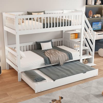 Wishdor Multifunctioneel Stapelbed 90x200 cm - Kinderbed met Rolbed 90x190 en Opbergtrap - Wit