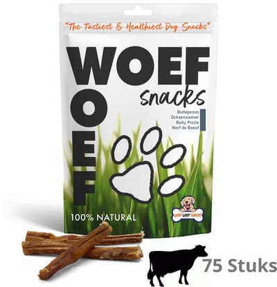 Woef Woef Snacks Hondensnacks Bullepezen 75 stuks - Kauwsnacks Gedroogd vlees Rund Alle honden vanaf 8kg Geen toevoegingen