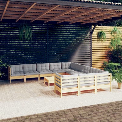 vidaXL - 12-delige - Loungeset - met - grijze - kussens - massief - grenenhout