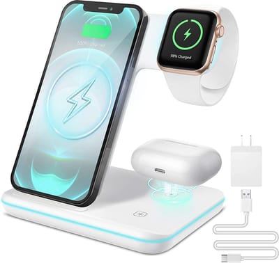 3-in-1 Draadloos Oplaadstation – 15W – Smartphone, Smartwatch & Oordopjes – Wit