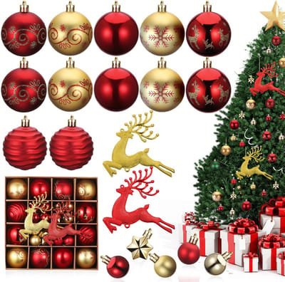 BRENZOOS- Kerstballen Onbreekbaar - 12 Grote/Kleine Kerstballen - 8 Mini Rode/Matte Ballen - 6 Kleine Gouden Ballen - 4 Sterren/2 Elanden - 270 Gram - Kerstversiering