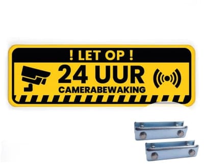 Bord Camerabewaking - geel - Weerbestendig Aluminium - 40x15 cm - Bevestiging: Met hekbeugels (voor spijlen- of gaashek)