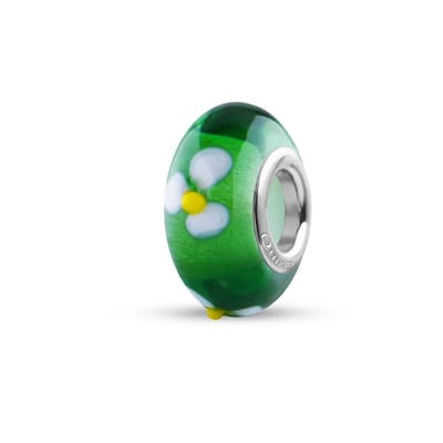 Quiges - Glazen - Kraal - Bedels - Beads Groen Transparant Witte Bloemen Past op alle bekende merken armband NG530