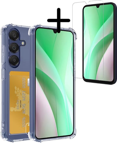 Hoesje Geschikt voor Samsung Galaxy A15 - Met Screenprotector - En Pashouder - En Kaarthouder - Telefoon Hoes Shockproof - Siliconen Case - Back Cover - Shock Proof - Pasjes Houder - Transparant