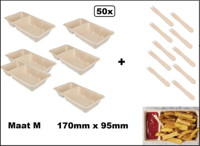 50x Frietbakje met sausvak + snackvork - mt.M - 100% biologisch afbreekbaar - Patat friet frites bakje snack bak food menu A23(A7+1)