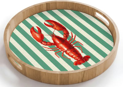 Dienblad rond 40x40 cm - Schootdienblad hout - Kreeft - Strepen - Realistisch - Zomers - Borrelplank rechthoek - Plateau houten dienbladen