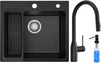 SOFETIY MAX Granieten Spoelbak Zwart / Antraciet (50*45cm) - Spoelbak Keuken Met Uittrekbare Uitloop Keukenkraan en Zeepdispenser 300ML - Spoelbakken Keuken – Wasbak Keuken Met Waterafvoersysteem