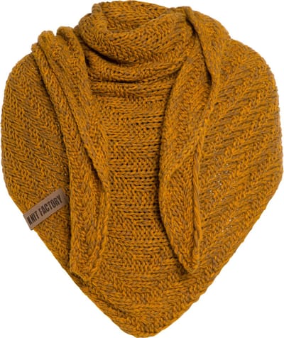 Knit Factory Sally Gebreide Omslagdoek - Driehoek Sjaal Dames - Dames sjaal - Wintersjaal - Stola - Wollen sjaal - Geel gemêleerde sjaal - Oker/Tobacco - 220x85 cm - Grof gebreid