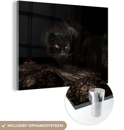 MuchoWow® Glasschilderij 160x120 cm - Schilderij acrylglas - Panter - Bos - Ogen - Foto op glas - Schilderijen