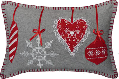 Urbane Hide | 30x50 cm Kussenhoes | Kussenhoezen | Kussenhoesjes | Geborduurd & Patchwork | Hangende Ornamenten | Wol | Grijs/Rood/Wit | Zonder Binnenkussen