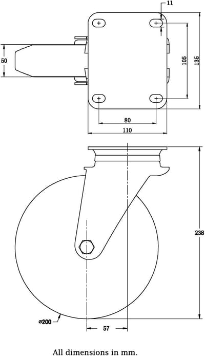 200 mm (8") rubberen wielen voor afvalbakken, zwenkwielen en zwenkwielen met rem – set van 4