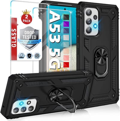 Hoesje Geschikt Voor Samsung Galaxy A53 Hoesje Anti-Shock Hybrid Armor hoesje Zwart - Hoesje Geschikt Voor Samsung Galaxy A53 5G kickstand Ring houder TPU backcover hoesje - met screenprotector Galaxy A53 5G - 2 pack